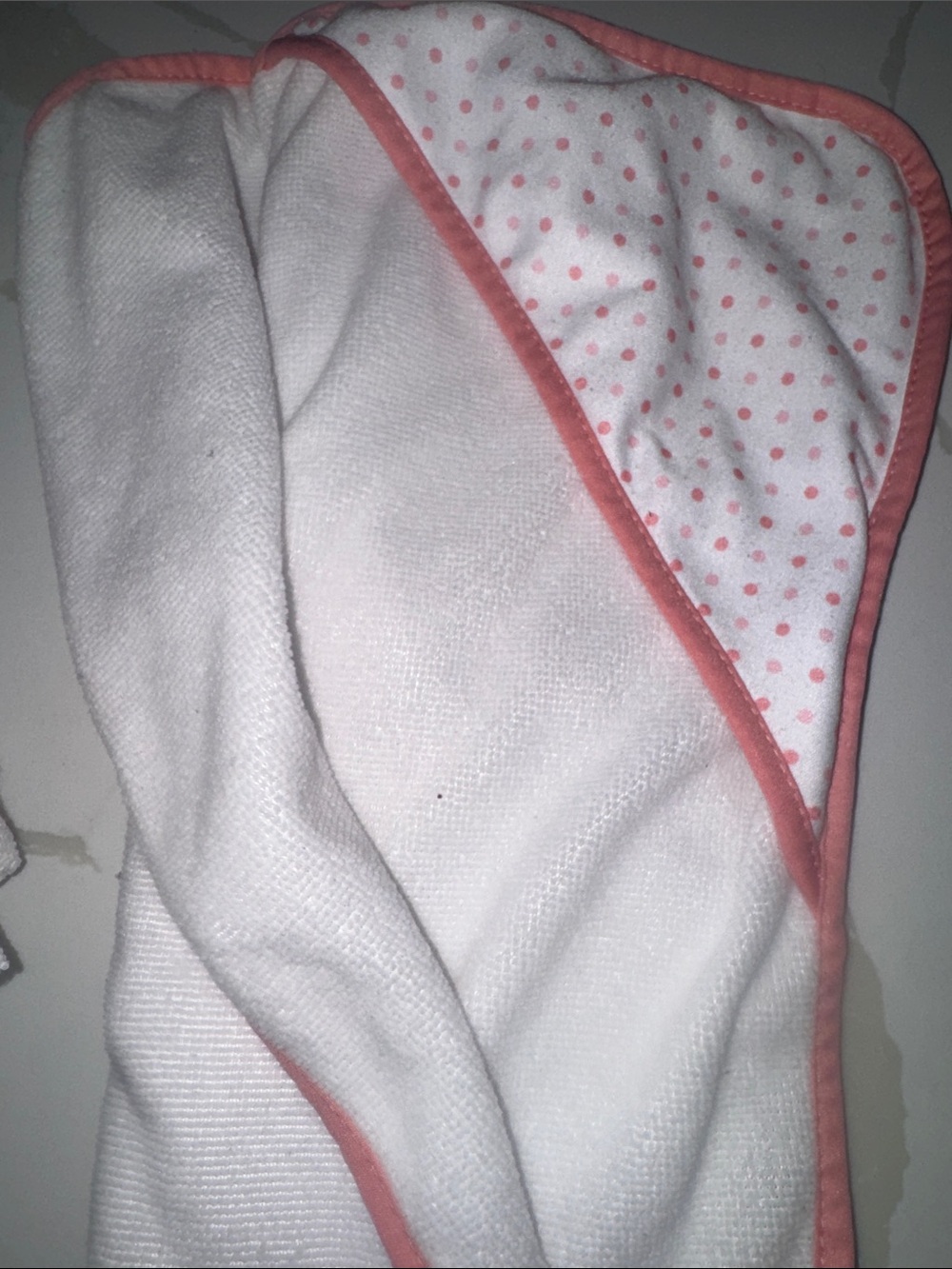 4 White Hooded Baby Towels with Pink Polka Dot Trim